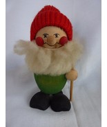 Vintage Wood Man Christmas Figure - 5&quot; Tall, Red Knit Hat &amp; Burlap Sack - £8.38 GBP