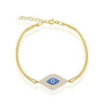 Double-Strand w/ Center CZ and Blue Evil Eye Bracelet - Gold Plated - £44.03 GBP