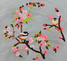 Vintage Embroidered Songbird Cherry Blossoms 10x10 Handmade Fabric Texti... - $402.63 MXN