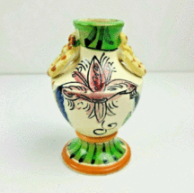 Ceramic Vase Vintage Japan Footed Base Ring Handles Handpainted Italian Style 5&quot; - $15.99