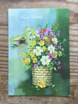 Vintage Floral Gems Flowers In Basket Covered Bridge Birthday Card Ephemera - £6.33 GBP