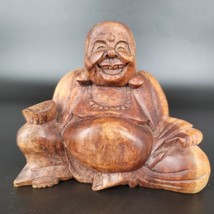 Tanami Sitting Happy Laughing Buddha Statue Figurine Brown Wooden Hand C... - $25.34