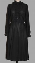 VTG Semi-Sheer Black Button Tuxedo Ruffle Front &amp; Cuffs Wide Flare Dress... - $24.99