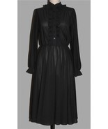 VTG Semi-Sheer Black Button Tuxedo Ruffle Front &amp; Cuffs Wide Flare Dress... - $24.99