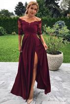 Off-Shoulder 1/2 Sleeves Burgundy Prom Dress A-line Party Gown With Slit - £110.91 GBP