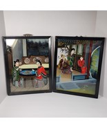 Pair Vintage Chinese Reverse Glass Paintings Framed Asian Art Women Qing... - €163,24 EUR