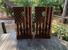 Waterproof Cornhole WRAPS / USA Flag with a Deer / Wood Grain / Laminated  - $85.00