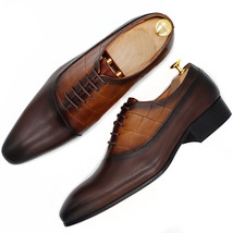 Men&#39;s OxGenuine Leather Men Dress Shoes Black Brown Lace Up Pointed Toe Prints W - £207.00 GBP