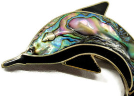 Dolphin Brooch Inlay Black Onyx Abalone Shell Alpaca Mexico Silver Vintage Pin - £40.18 GBP