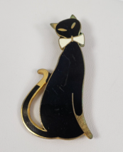 Vintage 1980&#39;S CAT Pin Brooch Goldtone Black Enamel White Bow Tie Pet  2 1/4&quot; - $14.56