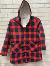 Cardigan Sweater Womens Sz XL Buffalo Plaid Jacket Fleece Red Hooded Pockets - £20.93 GBP
