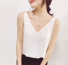Summer White V-neck Chiffon Tops Women's Petite Size Loose-fit Tank Top Outfit