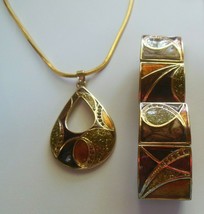 Signed GM Stainless Steel Enamel Rhinestone Pendant Necklace &amp; Stretch Bracelet - $44.55