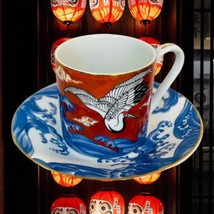 2 Takahashi Crane Over Ocean Vintage Tea Demitasse Cups Saucers Red Blue Gold - £33.58 GBP