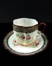 1920s Antique Brown Chevron Moriage Tea Cup &amp; Saucer Set Pussy Willow Blooms Egg - £47.08 GBP