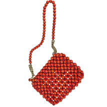 VTG 60s Wooden Bead Shoulder Purse Red/Coral Silver Chain Zipper Pink In... - $43.66
