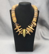Vintage Chunky Tribal Wooden Beaded Collar Necklace 19&quot; Brass &amp; Wood Beads - £21.36 GBP
