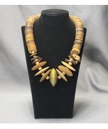Vintage Chunky Tribal Wooden Beaded Collar Necklace 19&quot; Brass &amp; Wood Beads - £21.12 GBP