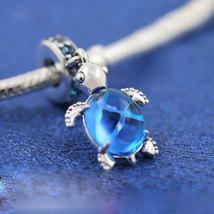 925 Sterling Silver Blue Murano Glass Sea Turtle Dangle Charm Bead - £14.79 GBP