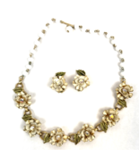 Vintage Coro Necklace &amp; Earrings Set Signed Gold Flower Rhinestone Choker  - €62,18 EUR