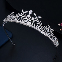 Leaf Shape Cubic Zircon Crown Tiara Bridal Wedding Hairpiece Elegant Women Party - £30.99 GBP