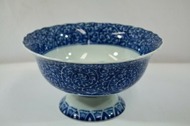 Chinese Footed Pedestal Bowl Blue White Flower FU Mark 20th Century 8&quot; D... - £45.34 GBP