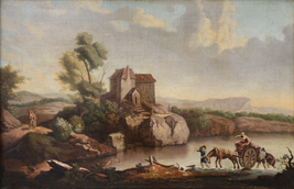 Crossing the ford Capriccio Baroque Landscape 18th century Oil Painting - £1,965.89 GBP