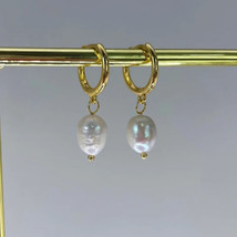 Gold Pearl look Earring 14k Gold Earrings Huggie Hoops Summer Pearl Gift For Her - £699.82 GBP