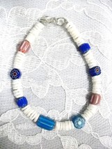 ROUND WHITE PUKA SHELL &amp; MULTI COLOR GLASS DECO FLOWER SPACER BEADED BRA... - $4.99