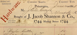 1888 Jacob Shannon Hardware Tools Supplies Carpenters Philadelphia Billhead - $13.27