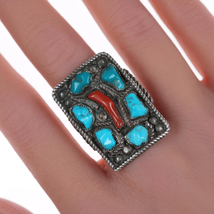 sz8.75 Vintage Zuni silver, carved turquoise, and branch coral ring - £247.66 GBP