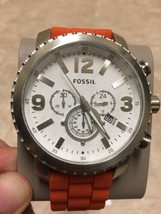 New Fossil Stylish Sport Gage Silver Tone W/ Orange Silicone Band Chronograph - £88.84 GBP