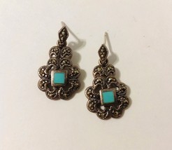 Marcasite Earrings Square Turquoise Blue Stone Post Pierced Vintage Dangle - £25.57 GBP