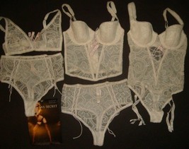 Victoria&#39;s Secret 32C,34C,36C Bra Set+Garter Teddy Embroider Coconut White Bride - £159.90 GBP