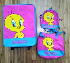 VTG 1999 Looney Tunes Tweety Bird 3pc Luggage Pink/Blue Case, Duffle &amp; Backpack - £20.92 GBP