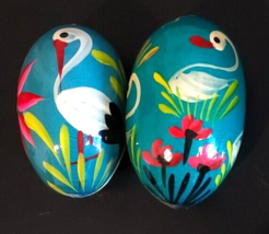 Lot 2 Handpainted Wood Egg Crane Stork Duck Bird Floral Teal Easter Pysanki - $376.15 MXN