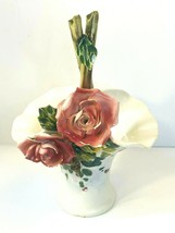 Handmade Italian Pottery Rose Basket Vase Hand-Painted Applied Roses Chippy - £13.41 GBP