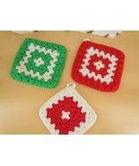 Vintage 3 Hand Crochet  Hanging Potholder Green Red White  7&quot; x 7&quot; / 6&quot; ... - €16,41 EUR