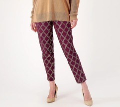 New Womens Isaac Mizrahi Live! Stretch Maroon Red Gold Foil Leaf Pants 8... - $78.21