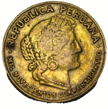 Peru 10 Centavos, 1944~Brass~Free  Shipping - £17.92 GBP