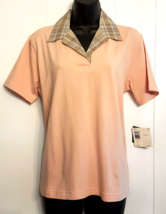 Liz Claiborne Golf Shirt Medium Simply Putt Peach Knit Sport Top Plaid Collar - £15.61 GBP