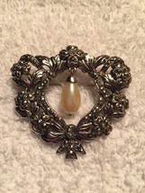 Silver Tone Brooch With Floral Design and Dangling Pearl  - $10.00
