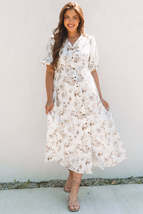 Khaki Floral Puff Sleeve V Neck Buttoned Front Maxi Dress - $39.99+