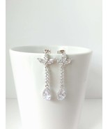 Bridal wedding rhodium leaf and teardrop cz drop post earrings. 1.5 inch... - $32.00