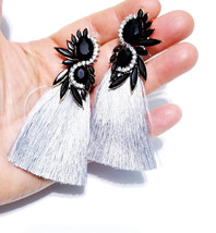 Gray Tassel Drop Earrings, Bridesmaid Rhinestone Earrings, 3.5 Inch Pageant Jewe - £29.40 GBP