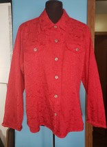 Chicos Button Front Holiday Red Floral  Shacket Blouse Sz Large 2 Textured - £19.73 GBP