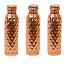 Beautiful Copper Water Bottle Leak Proof Diamond Cut Design Matt Finish Set Of 3 - £40.23 GBP