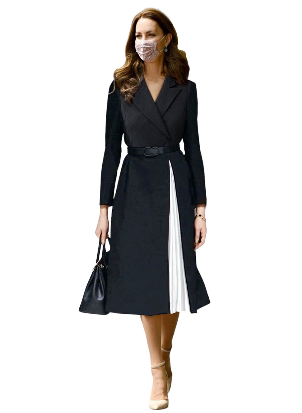Kate Middleton Inspired Classic Mock Two-Piece Contrast Coat Dress in Black Item image 2