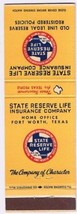 Matchbook Cover State Reserve Life Insurance Company Texas - $2.87