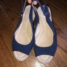 Lands End Women Wedge Espadrille Size US 7.0 Navy Open Toe Suede Uk 5 EU 37.5 - $34.65